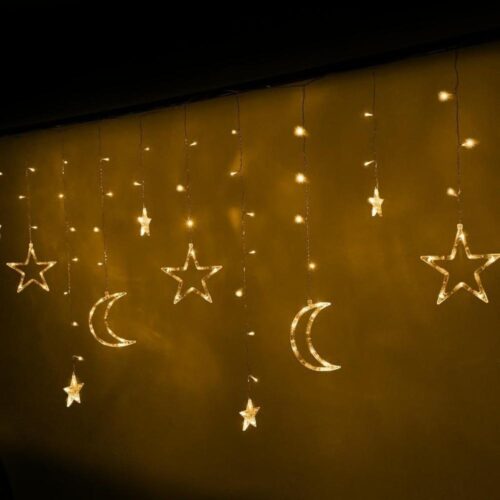 LED Moon and Star Curtain Lights 2,5M Varmvit, 138 LEDs för juldekoration