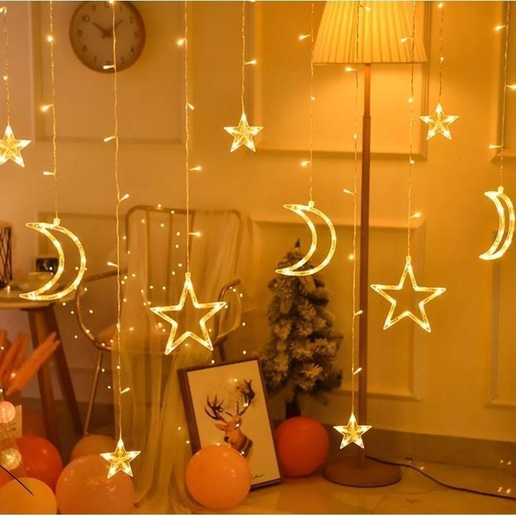 LED Moon and Star Curtain Lights 2,5M Varmvit, 138 LEDs för juldekoration