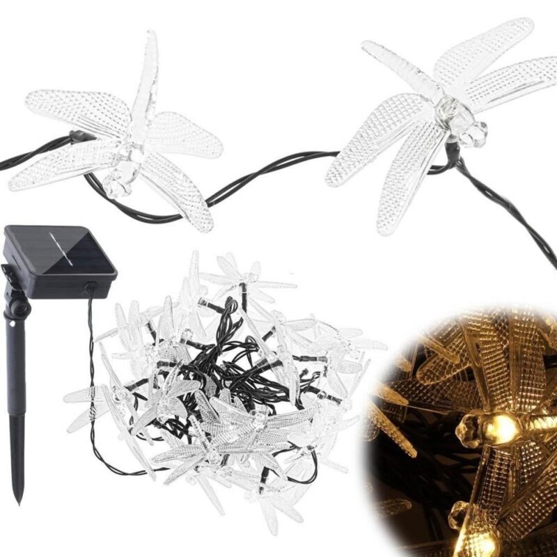 Solar Dragonfly Garden Lights, 30 LED varmvita, 6,5 m snöre för uteplatsdekoration