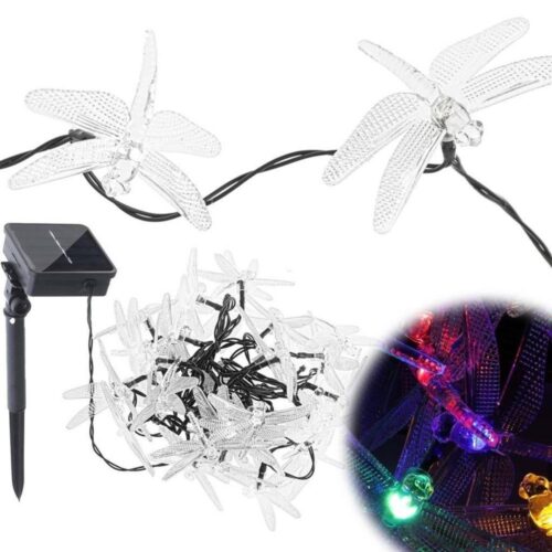 Flerfärgad Solar Dragonfly Garden Lights, 30 LED-slingor, 6,5 M för uteplatsdekoration