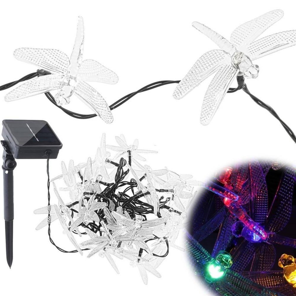 Flerfärgad Solar Dragonfly Garden Lights, 30 LED-slingor, 6,5 M för uteplatsdekoration