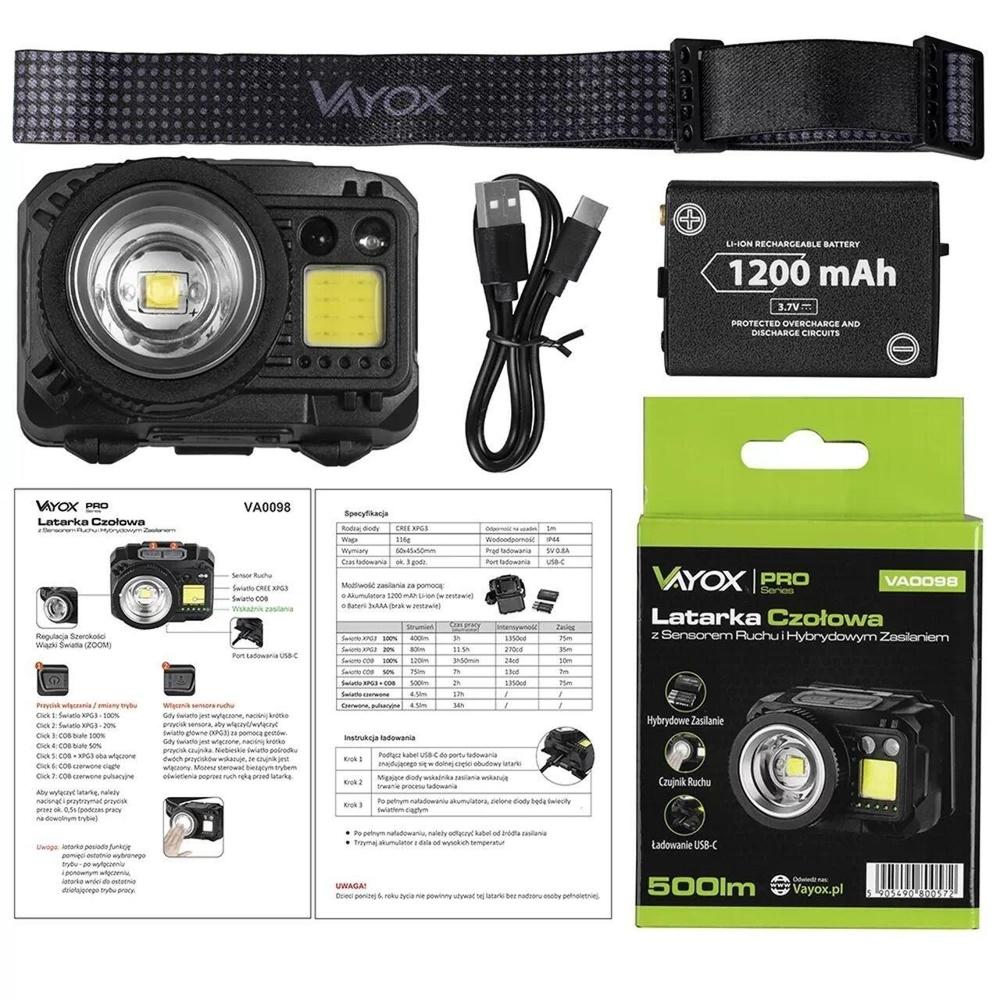 Vayox VA0098 Professional Pannlampa: XPG3 LED, COB Light, Zoom, Rörelsesensor, Uppladdningsbar