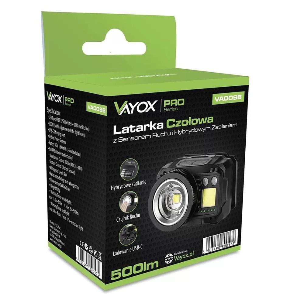 Vayox VA0098 Professional Pannlampa: XPG3 LED, COB Light, Zoom, Rörelsesensor, Uppladdningsbar