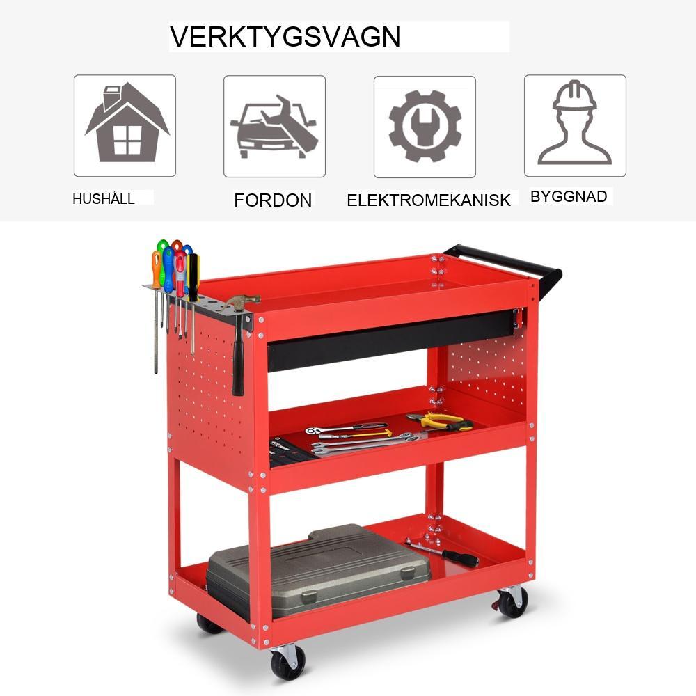 Red Steel Tool Trolley med låda, 60 kg kapacitet, garageförvaring