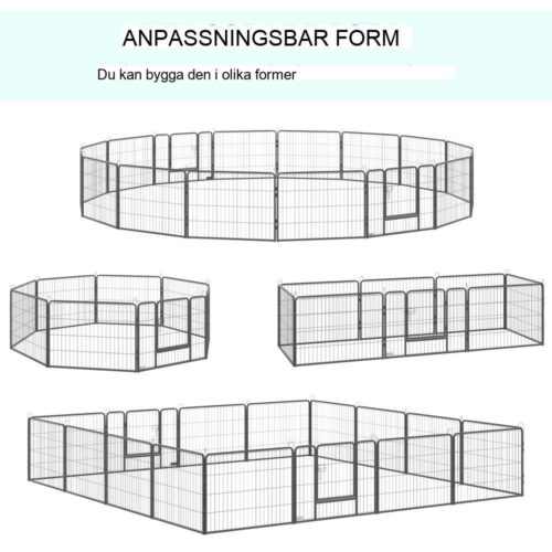 Anpassningsbar lekhage för husdjur i stål, 16 segment, 2 dörrar, inomhus/utomhus