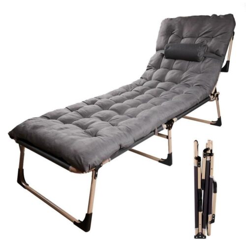 Tourist Folding Field Bed med justerbart nackstöd och kuddar, 198cm