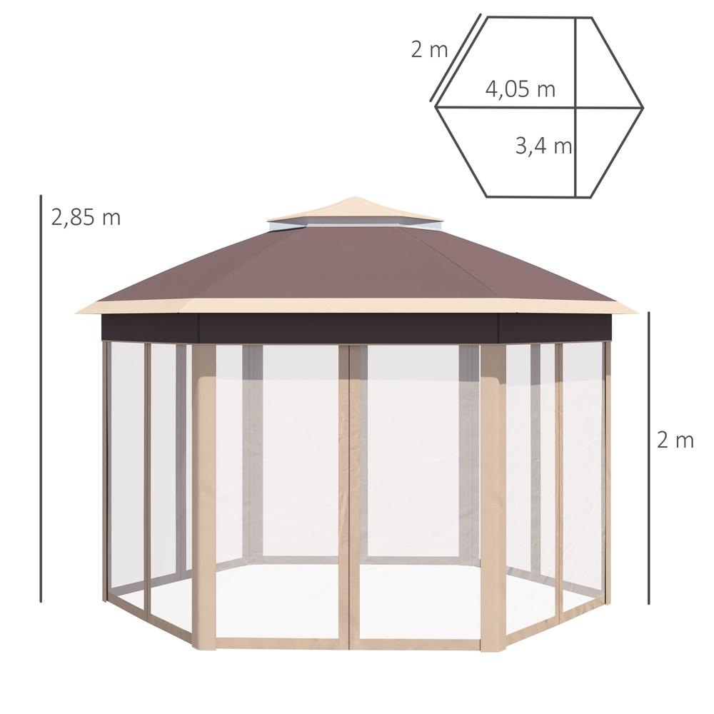 Sexkantigt lusthus 4x4m dubbeltak, vatten- och UV-beständig, beige/khaki