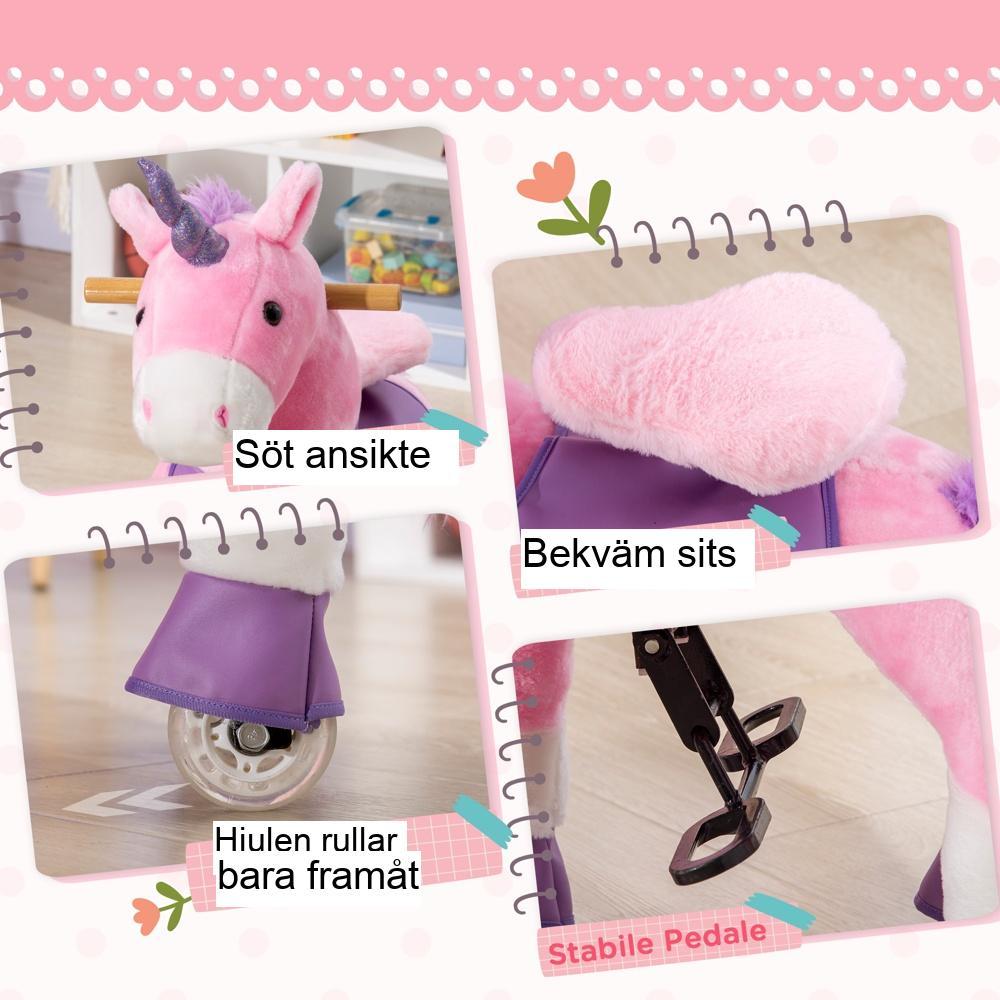 Rosa Unicorn Ridhäst, gunghäst med pedaler för barn från 3 år och uppåt