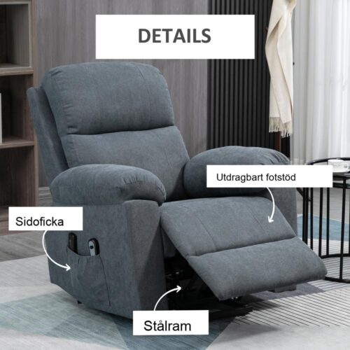 Grå massagefåtölj med lyfthjälp, fotstöd och fjärrkontroll