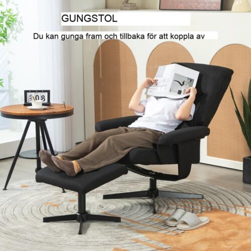 Black Velvet Recliner Stol med gung- och vridfunktion samt fotpall