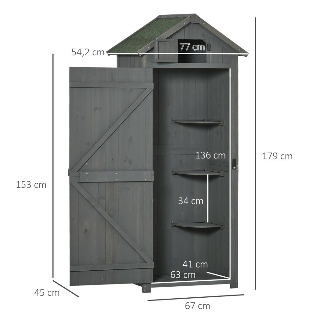 Slitstarkt trädgårdsskåp i trä med hyllor, asfalttak och fönster – 77×54,2x179cm