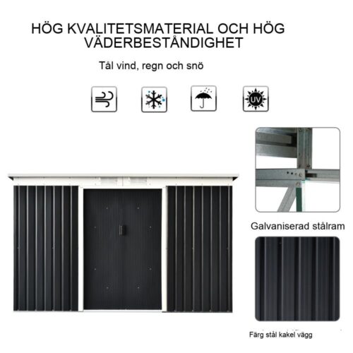 Mörkgrå verktygsbod i stål – skjutdörr, ventilation, 280x130x172cm