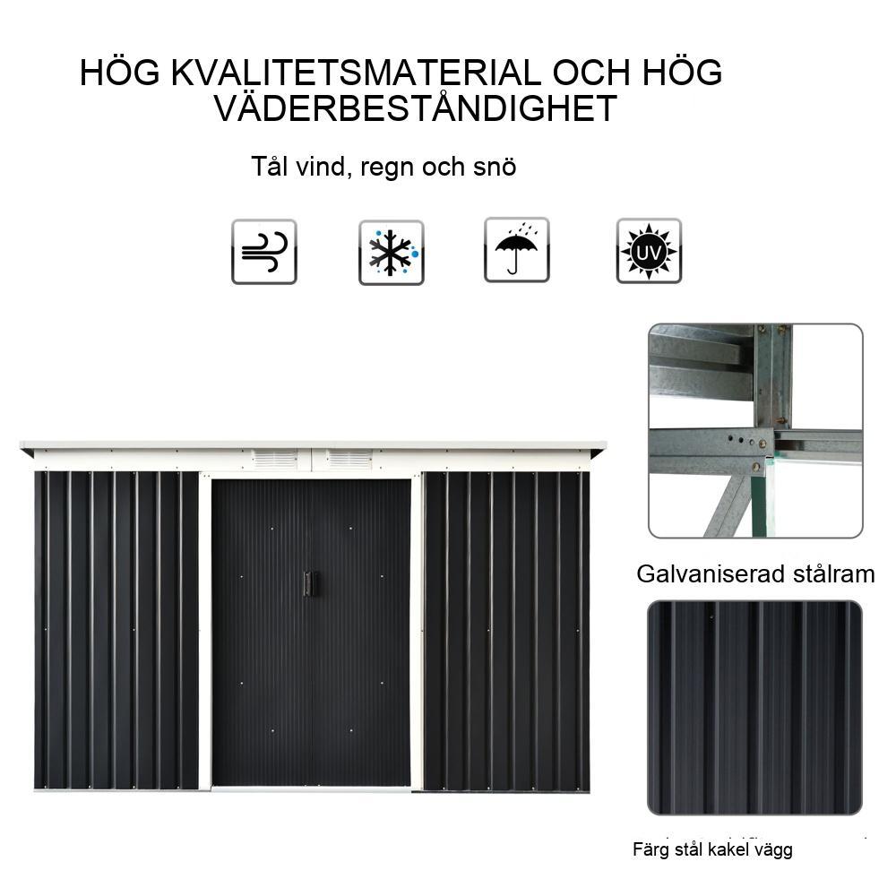 Mörkgrå verktygsbod i stål – skjutdörr, ventilation, 280x130x172cm