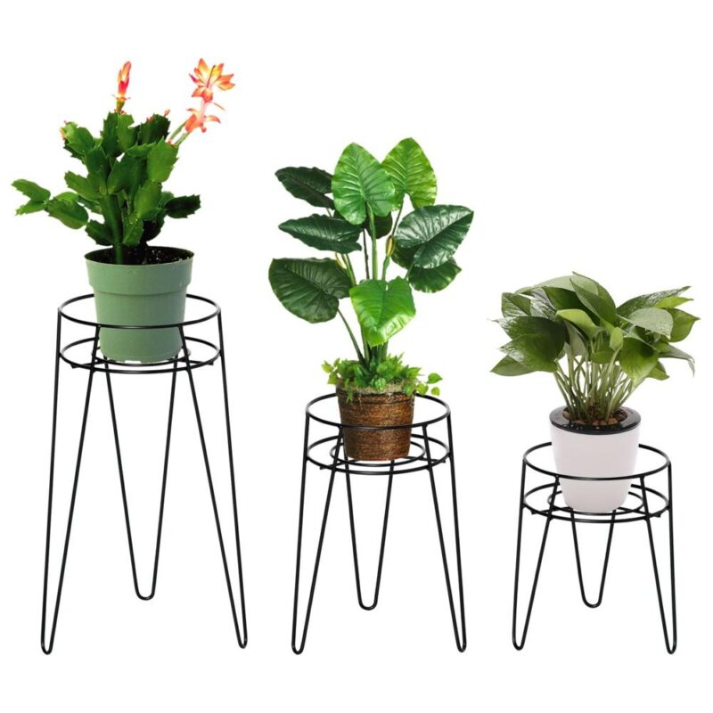 Black Metal Plant Stand Set om 3, Dekorativa Blomsterställ inomhus utomhus upp till 16 cm