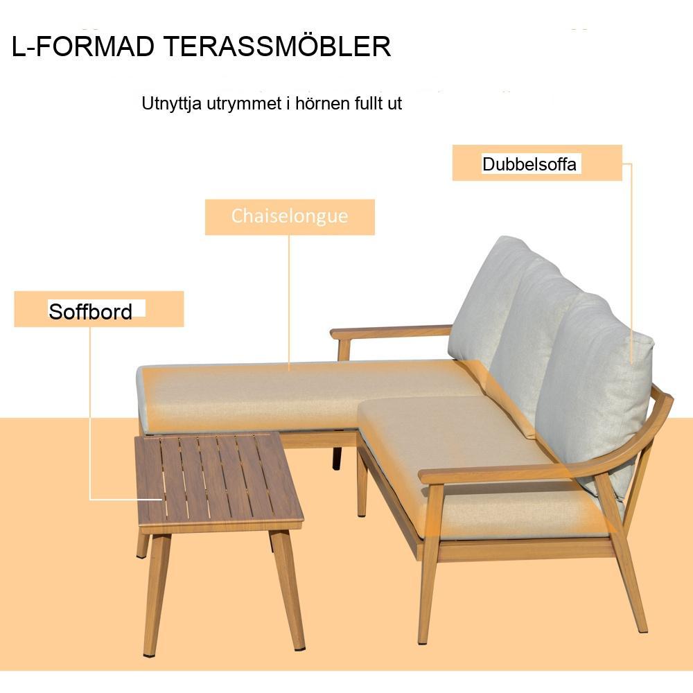 Bekvämt 3-delat möbelset i rotting med schäslong och soffbord