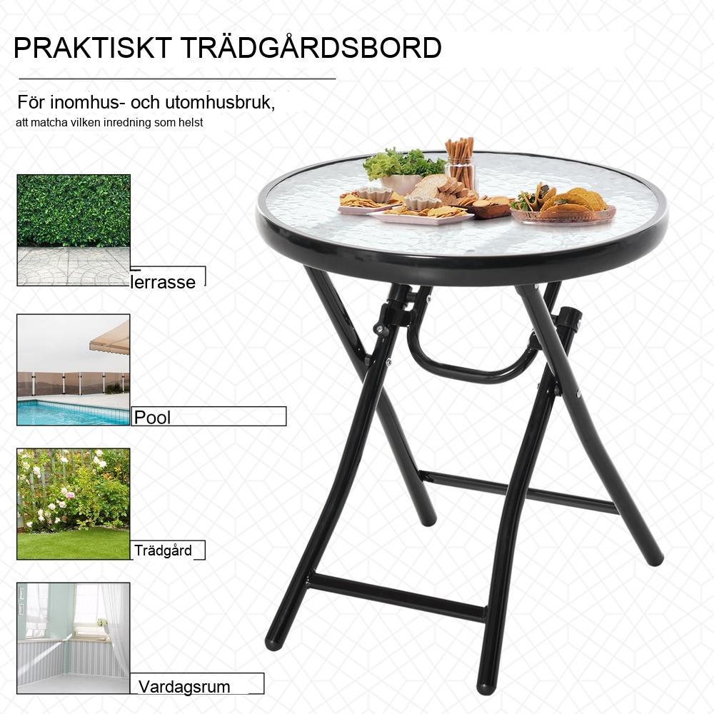 Svart metall fällbart sidobord med glasskiva – Balkong och terrass, Ø45cm