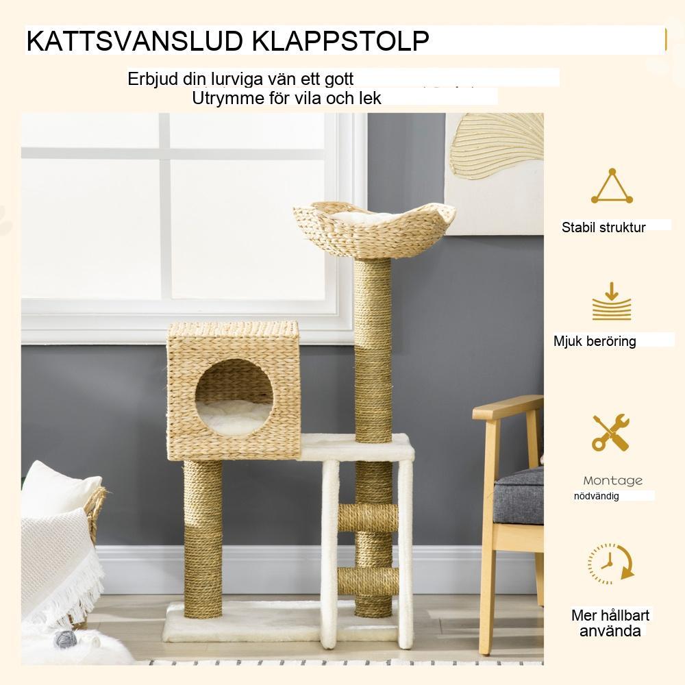 Kattträd med skrapstolpe, grotta och säng – vitt och naturligt