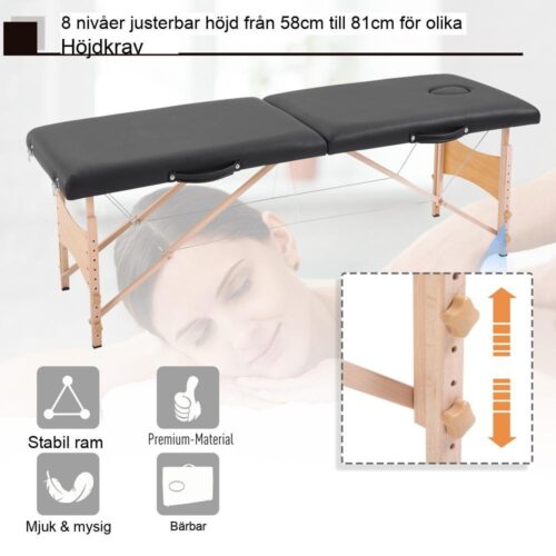 Justerbart massagebord i höjd – poppelträ, svart, bärbart, bekvämt