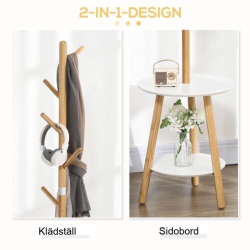 Naturlig+vit bambu klädhängare med sidobord, 5 krokar, 171 cm hög