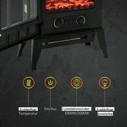 Fristående elektrisk öppen spis med realistiska LED-lågor, 2000W uppvärmning