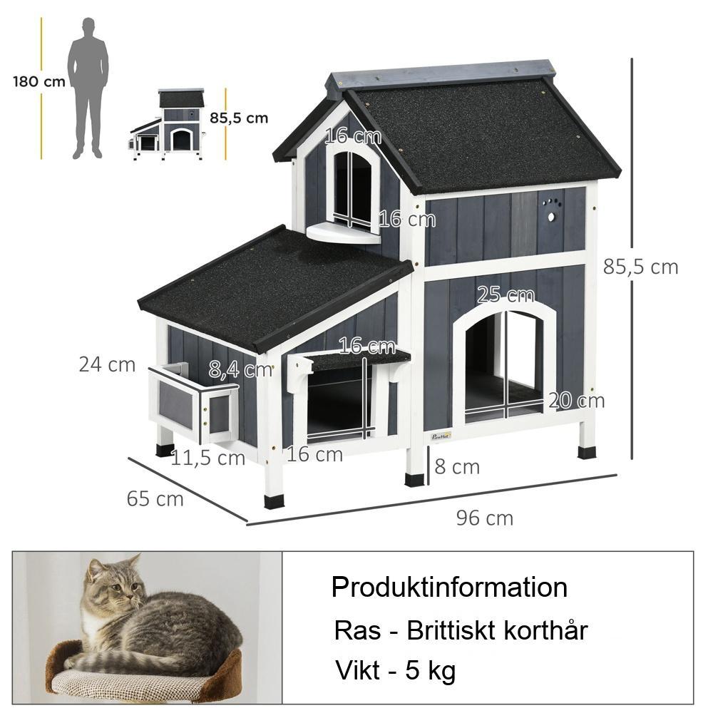 2-våningars Gran Wood Cat House med väderbeständigt asfalttak