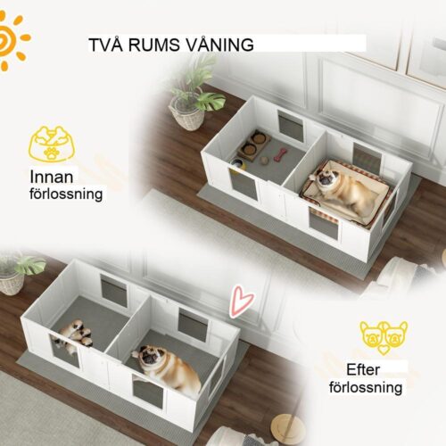 Vit valplåda med tvårumsdesign, justerbar dörr, tvättbar matta