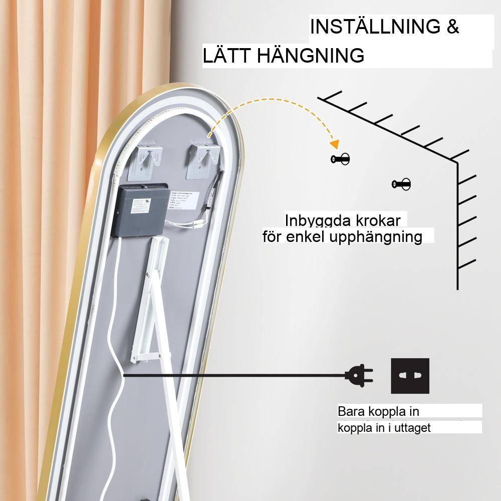 Dimbar LED Hellängd Ståspegel, Touch Control, Guld 47x146cm