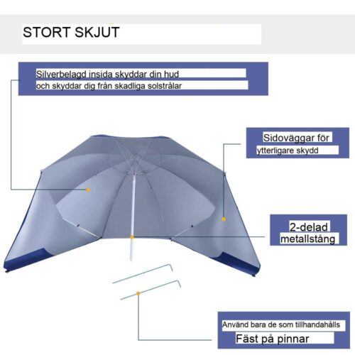 Blått 2-i-1 strandparaply och skydd, vindtätt, UV-skydd, 210 cm diameter