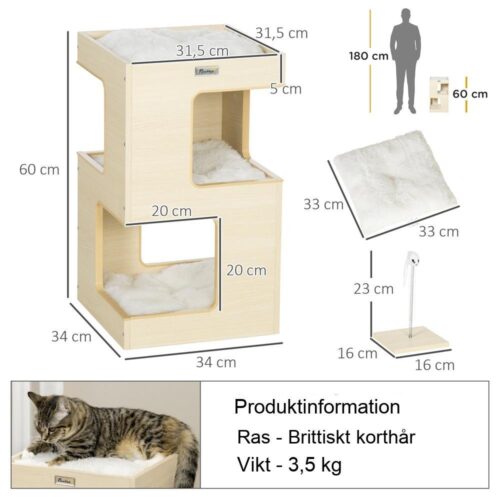 Kattskåp i 3 våningar i ek med kuddar och leksaker, katthus inomhus