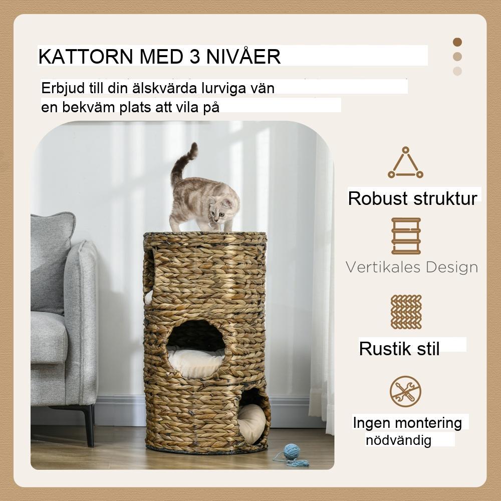 Snygg mörkbrun vattenhyacinth Cat Scratching Barrel med grottor och kuddar