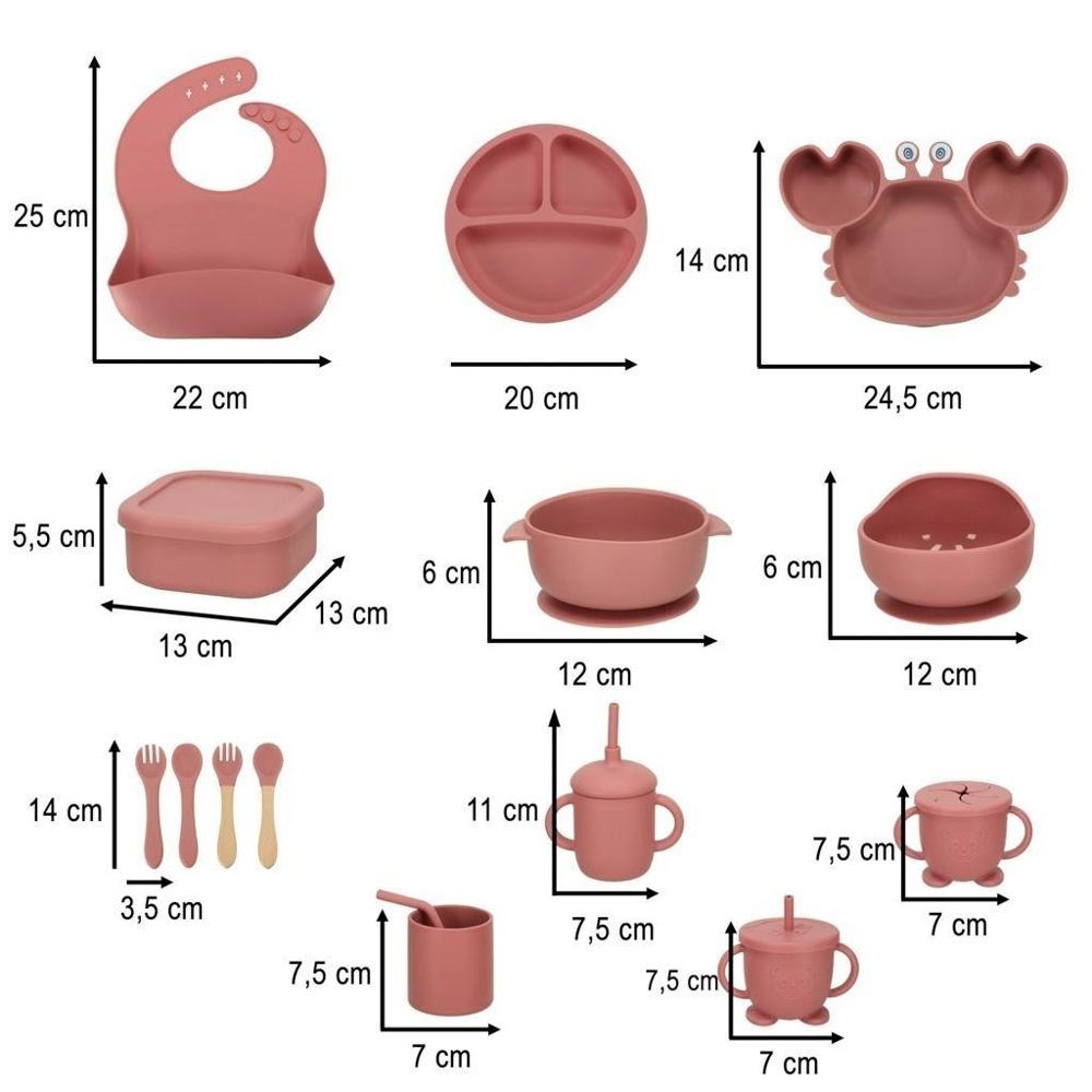 19 delar silikon babyservis set, krabba tallrik och sugskålar, mörkrosa