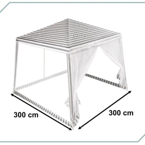 Vitt 3x3m lusthustält i metall – sol- och myggskyddstak är 2,4×2,4m.  Utomhus festskydd.