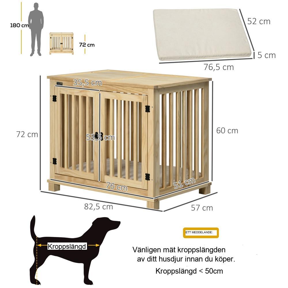 Dekorativ hundbur i naturträ med kudde, medelstor 82,5x57x72 cm