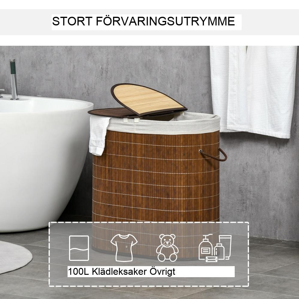 Bambu tvättkorg med lock, 100L kapacitet, klädsorterare med handtag