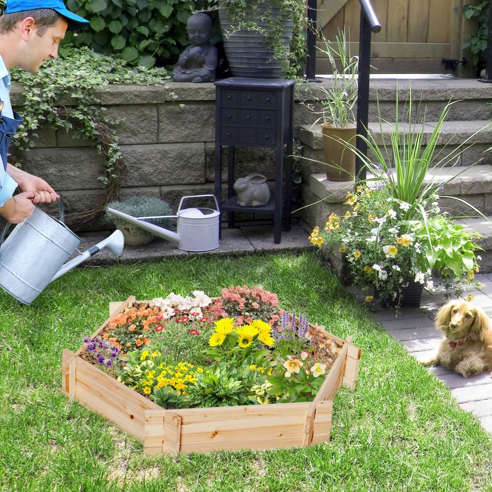 Hexagonal upphöjd trädgårdssäng Gör-det-själv plantering – Naturligt trä – 100x92cm