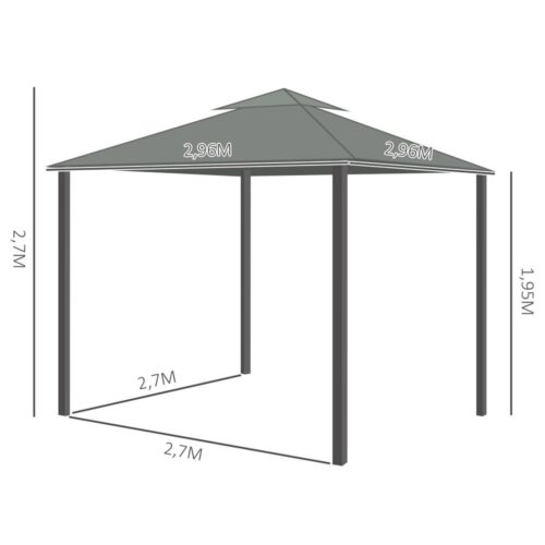 3x3m lusthus med dubbeltak, myggnät och sekretessgardiner