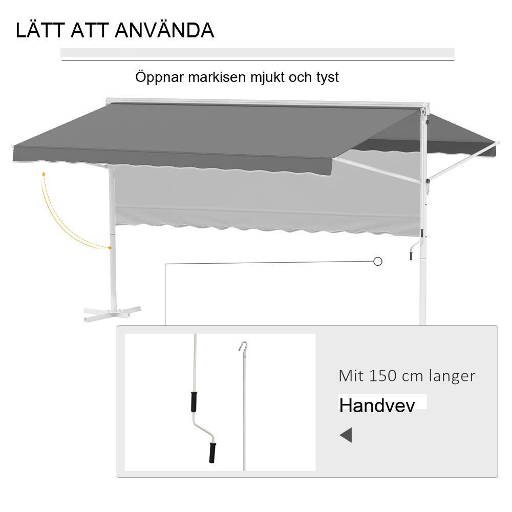 Fristående trädgårdsmarkis, 4,5×3,4m, grå, fällbara armar och vev