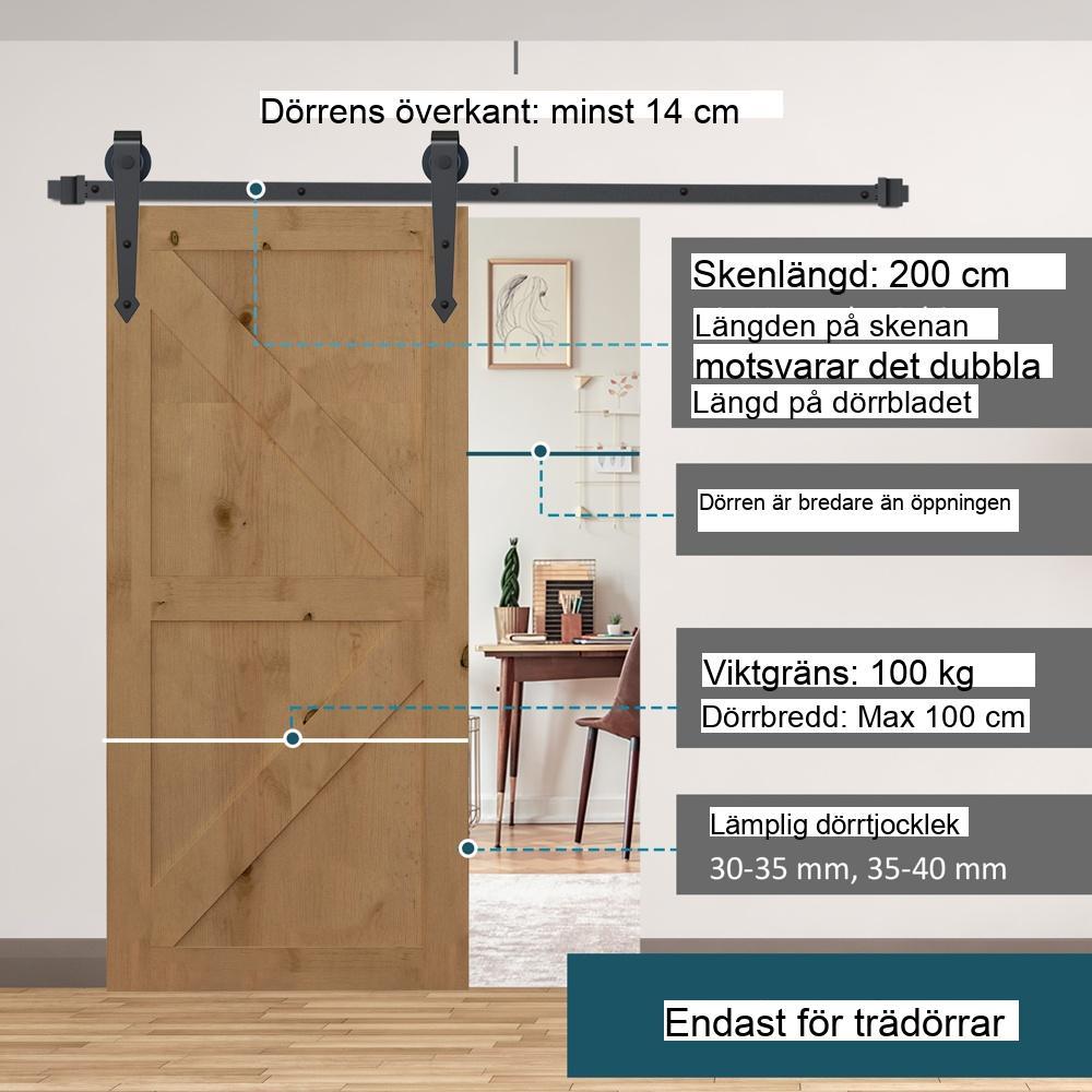 Skjutdörrsystem i kolstål – 200 cm, brun finish, mjuk glid, rymmer 100 kg