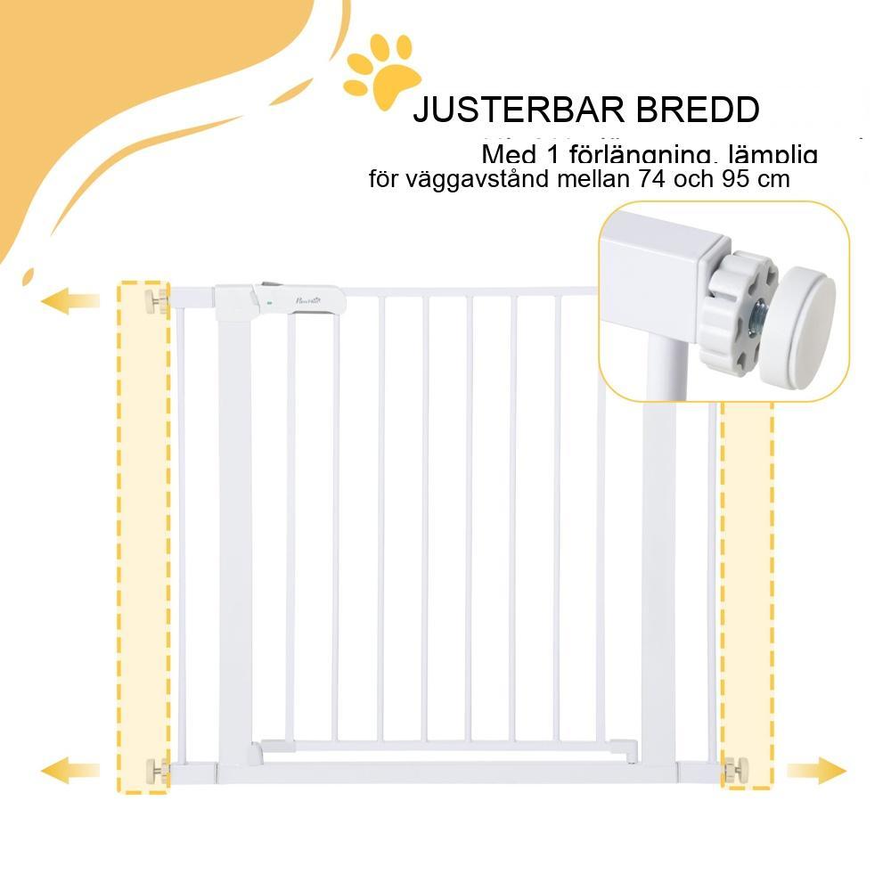 Justerbar vit metall säkerhetsgrind för hundar och husdjur 75-96cm Auto-Close