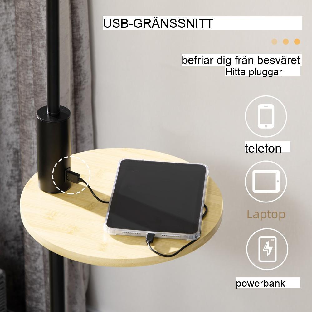 Modern golvlampa med hylla, USB-laddning och krämfärgad linneskärm