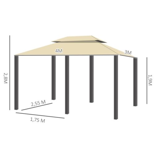 Rymligt beige svart lusthus 3x4m, vattentätt och UV-beständigt, för fester och avkoppling