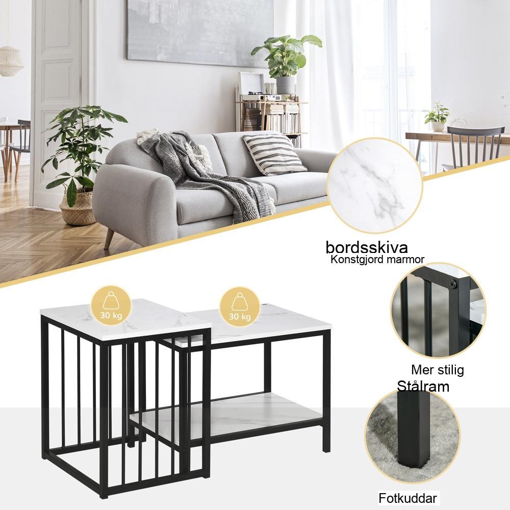 Modern Marble Look Soffbord Set med 2 med förvaring