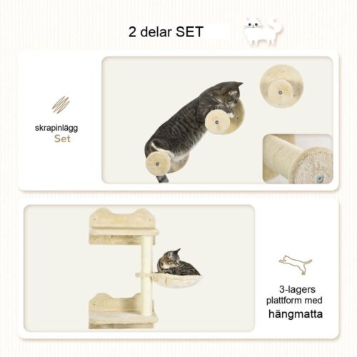 Cat Climbing Tower med hängmatta, skrapstolpar och trappsteg Beige Creme White