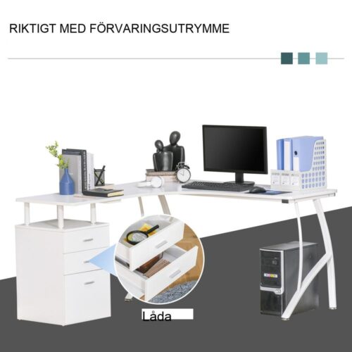 Vitt L-format hörnskrivbord med lådor, kontorsmöbler i industriell stil