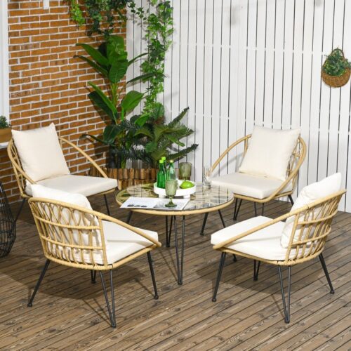 Rotting Garden Dining Set – Bord och 4 stolar, beige kuddar