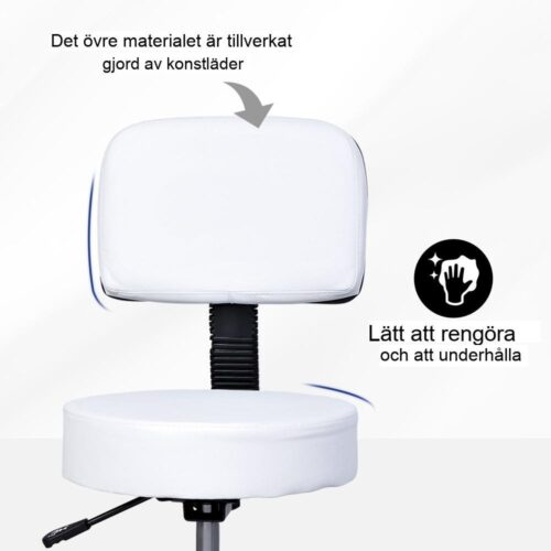 Vit rullande salongspall, höjdjusterbar och ergonomisk med ryggstöd