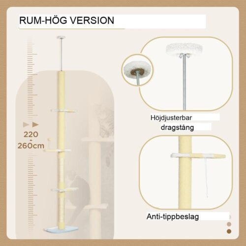 Justerbart kattträd från golv till tak med lekboll och skrapstolpar – gul