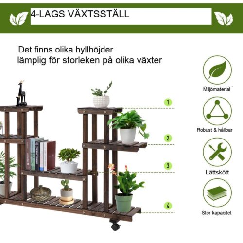 Hylla för växtställ i förkolnat trä, mobilt 6-hylls blomsterställ med bromsar för inredning inomhus/utomhus