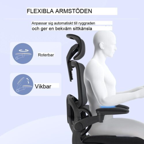 Ergonomisk kontorsstol i mesh med gungande, justerbar höjd och hopfällbara armstöd