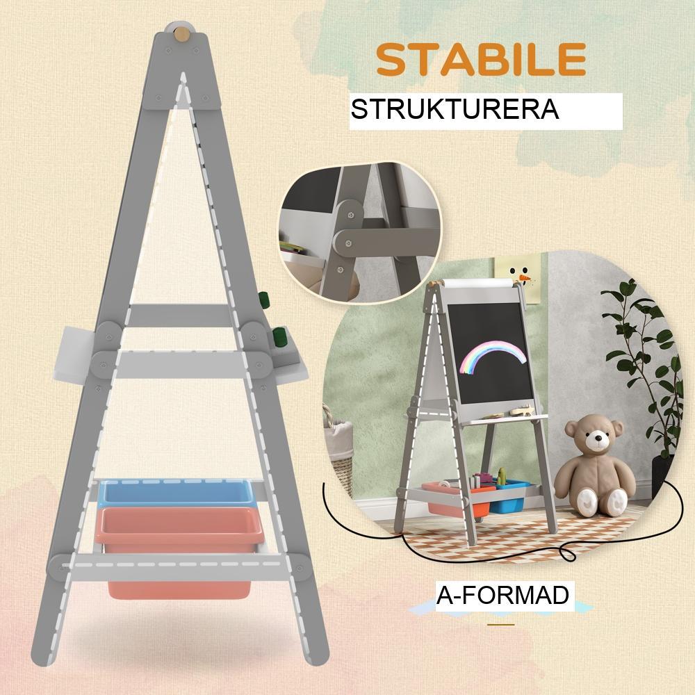 Grå 3-i-1 staffli för barn med tavla, whiteboard och pappersrulle för konst och hantverk i åldrarna 3-8